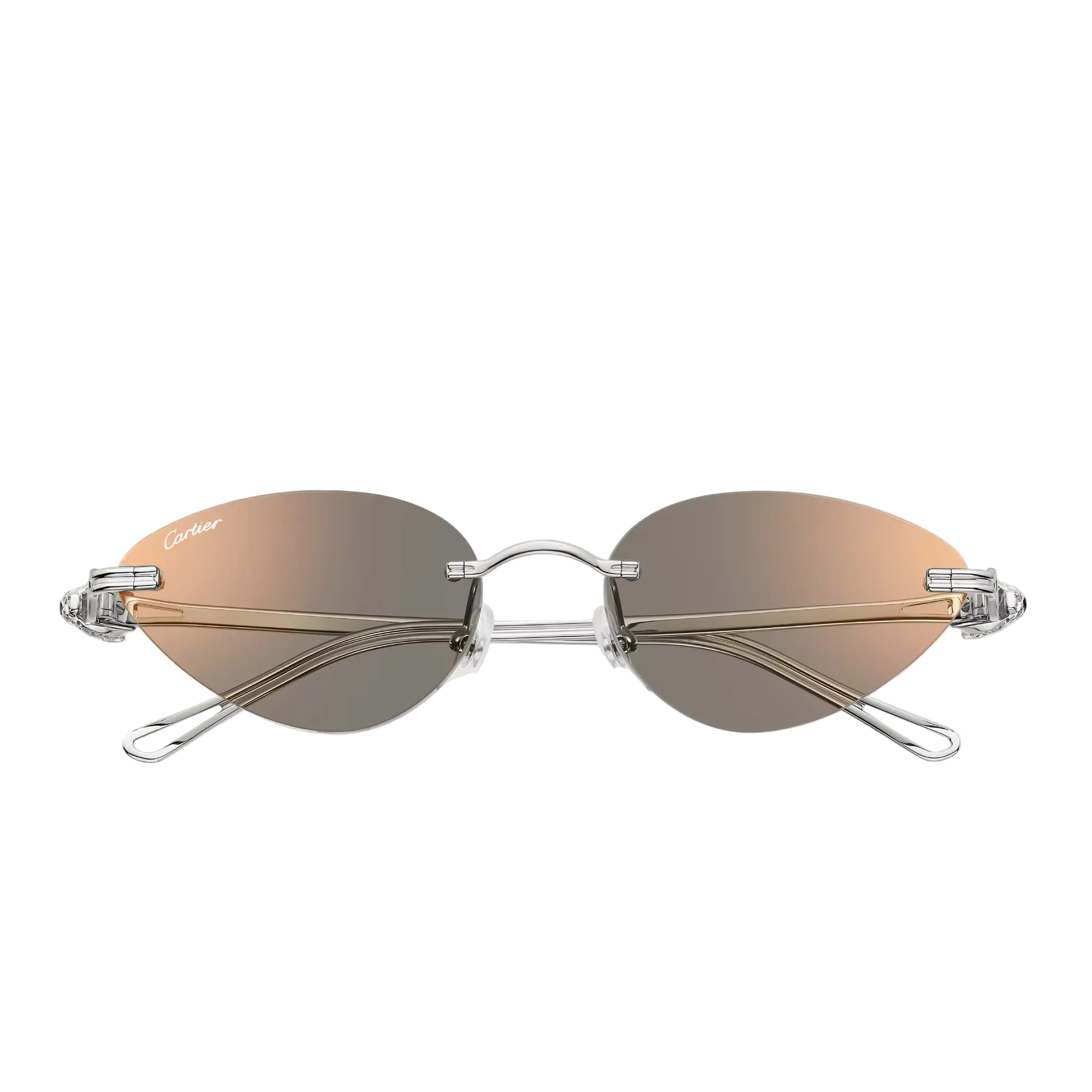 Sunglasses with gold gradient lenses and silver frame on a white background