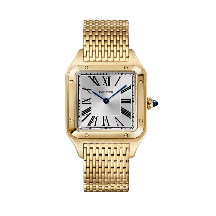 A Cartier Panthère watch in yellow gold with a silver-toned square dial, black Roman numerals, and a matching gold-tone metal bracelet, shown against a plain off-white background.