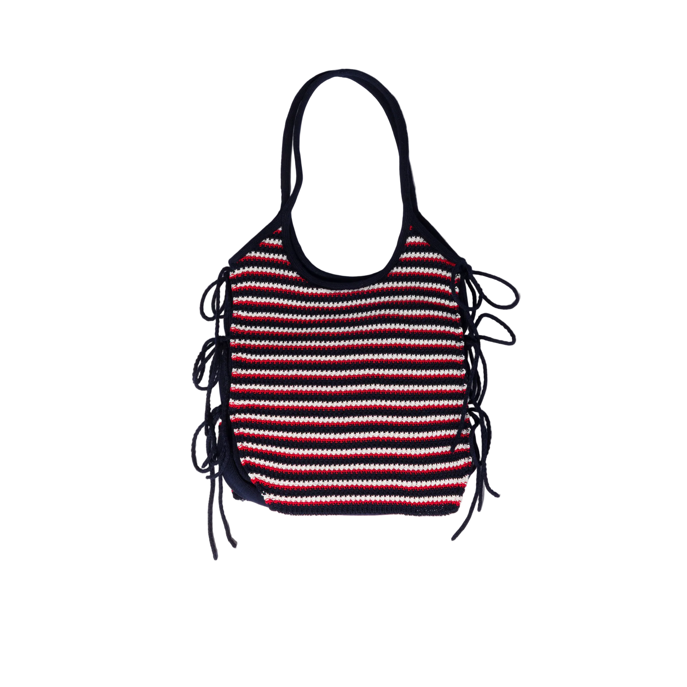 Striped handbag with red, white, and black pattern on a beige background