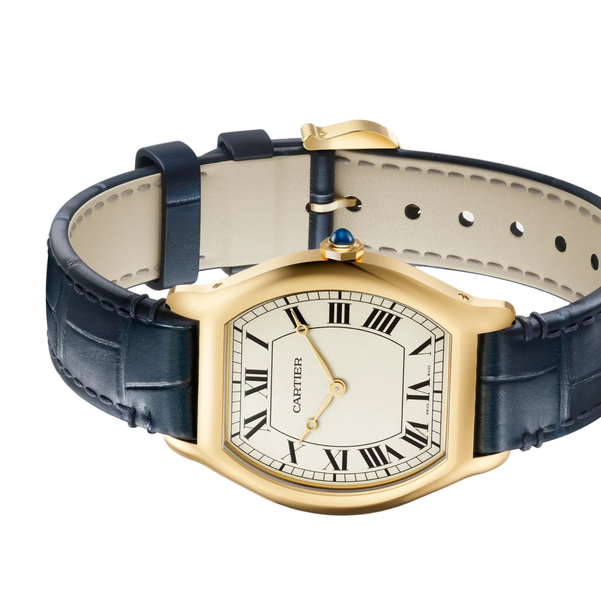 Gold Cartier watch with a navy blue leather strap on a light gray background