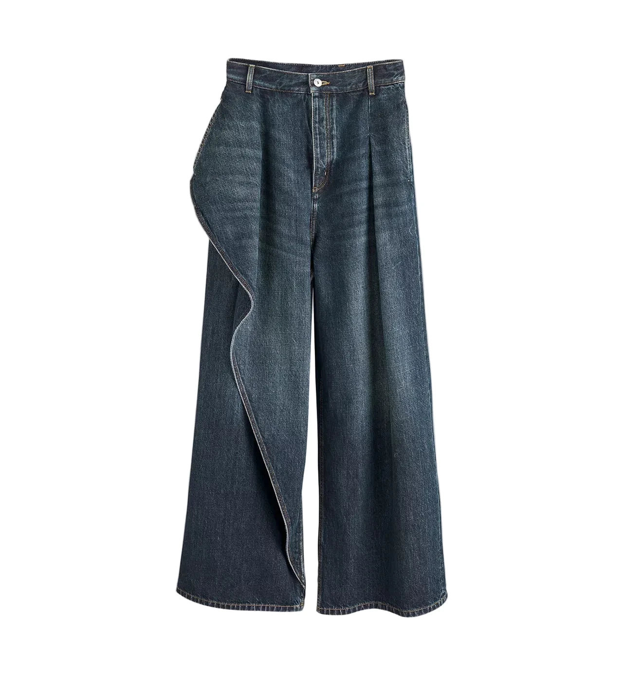Pair of blue jeans on a light gray background