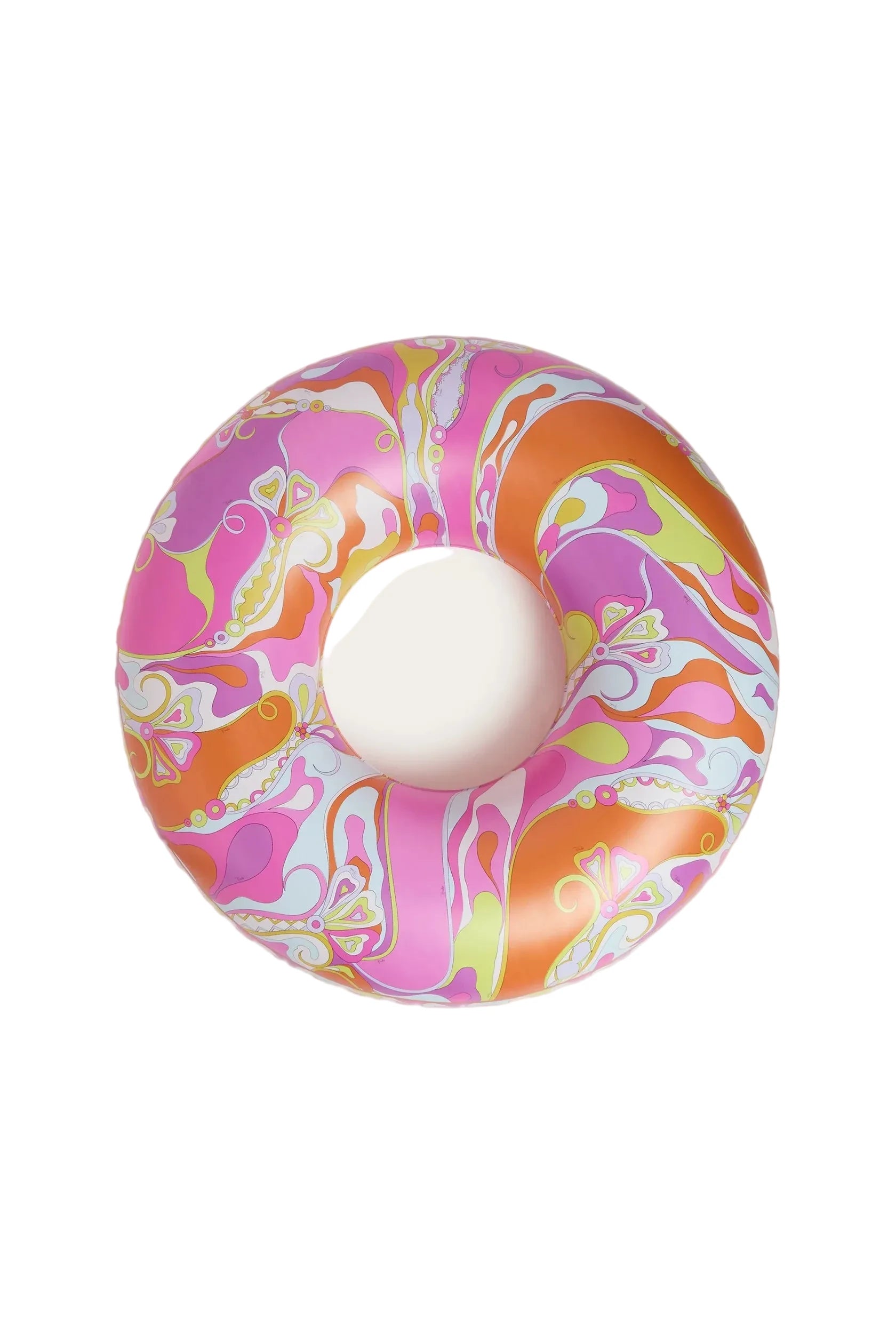 An inflatable donut-shaped pool float with a vibrant marbled swirl pattern in pink, orange, purple, and light green on a light cream background.