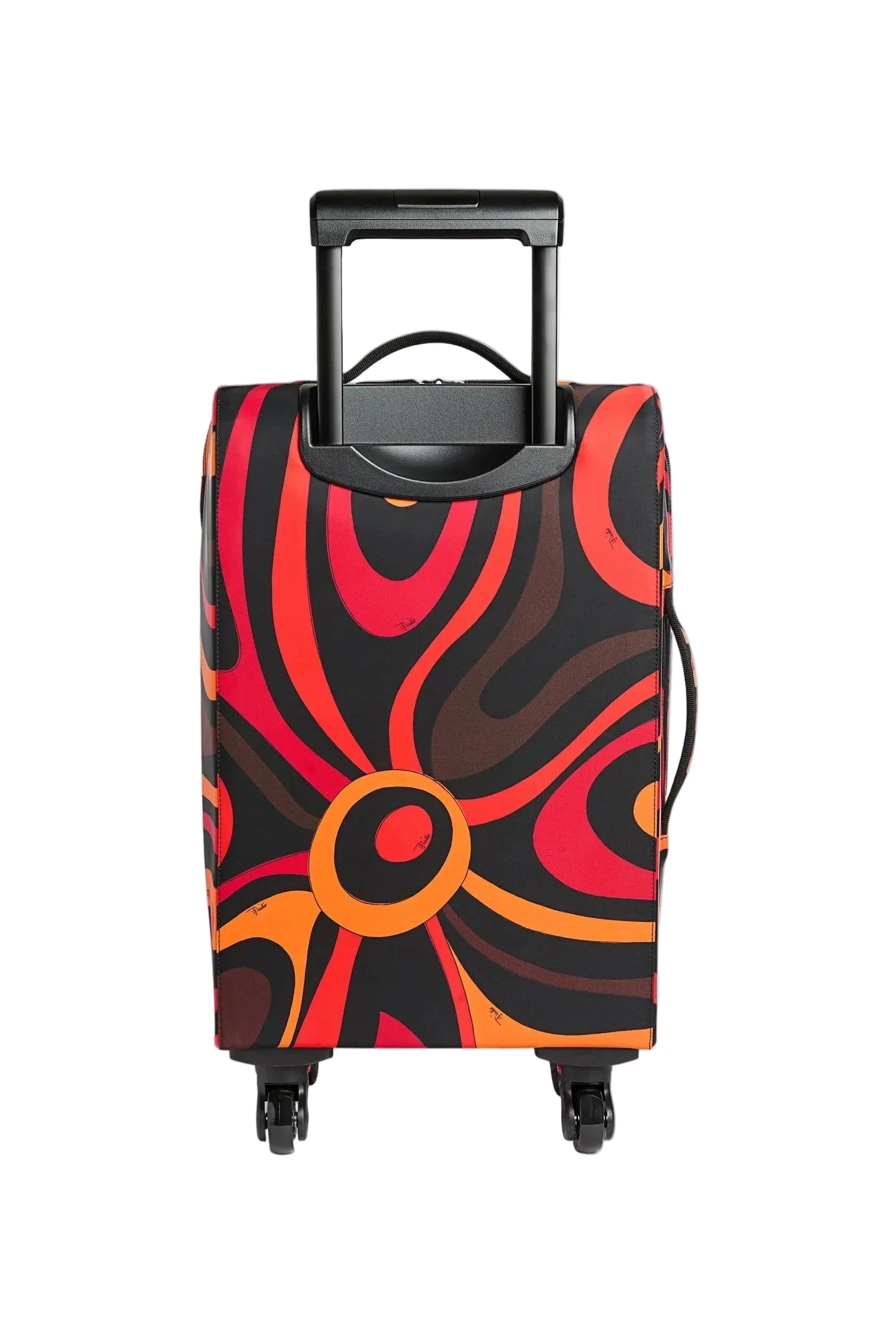 Colorful suitcase with a black handle on a light gray background
