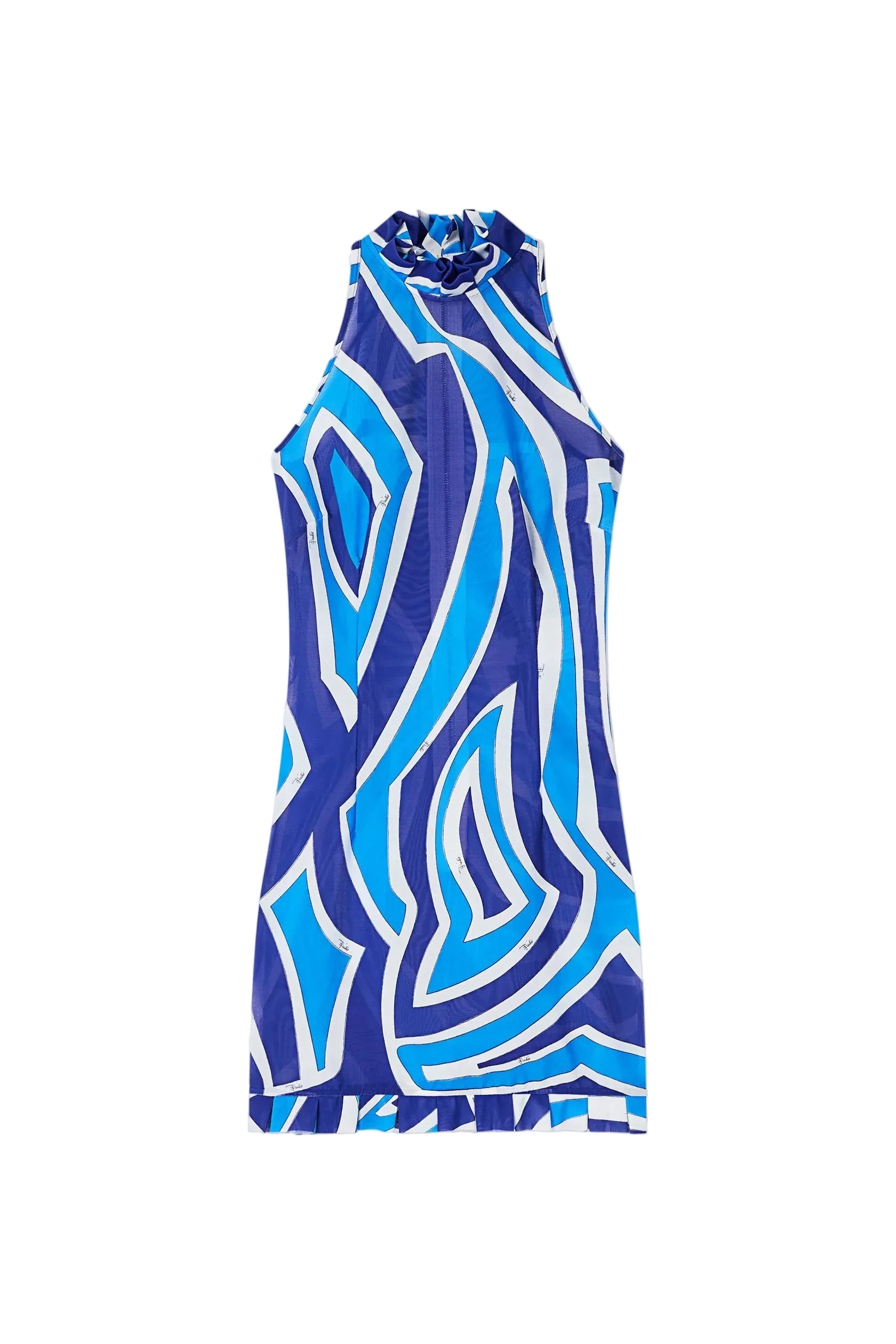 Blue and white patterned dress on a light gray background