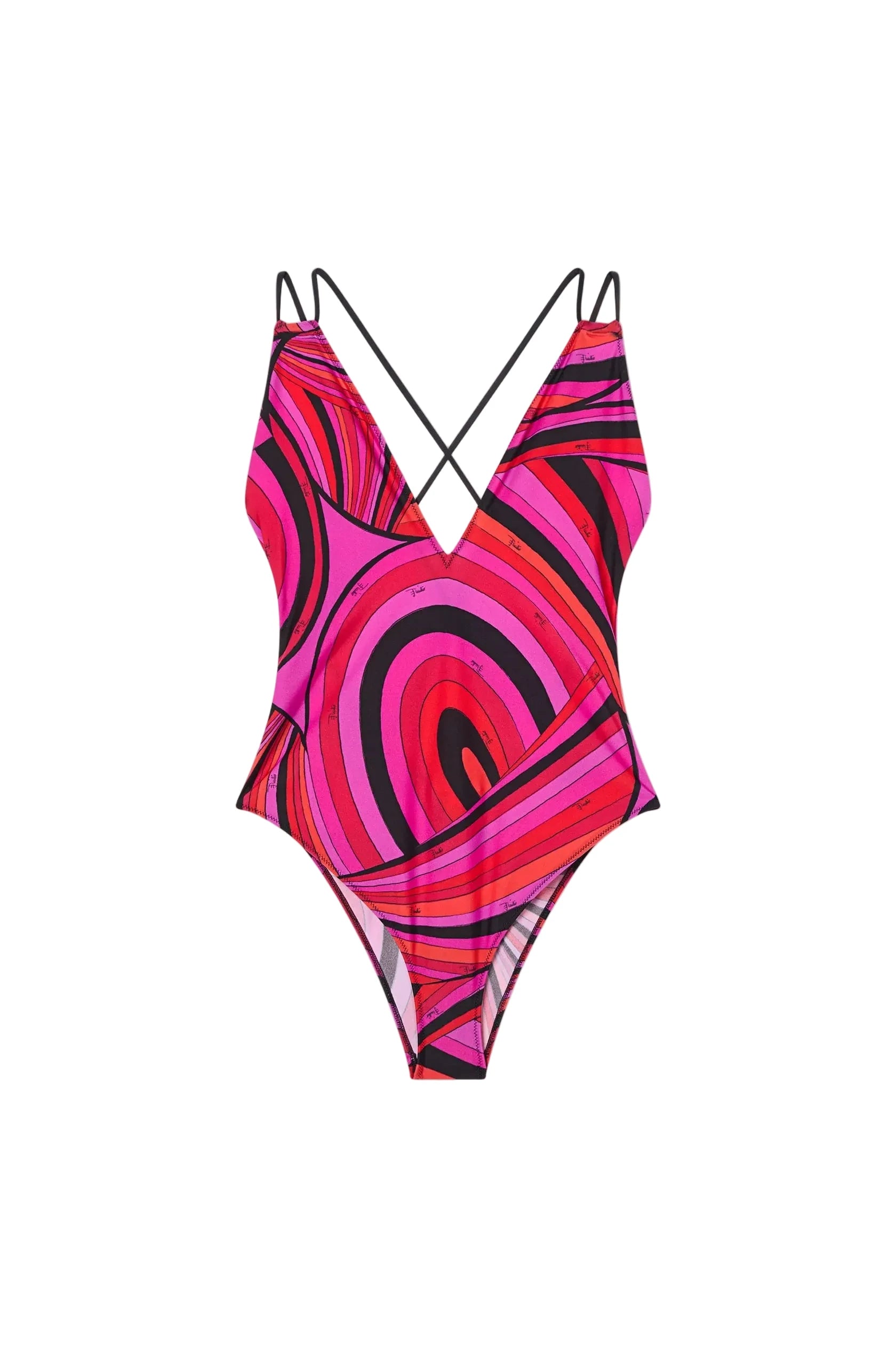 One-piece swimsuit with a vibrant pink, red, and black abstract pattern on a light gray background