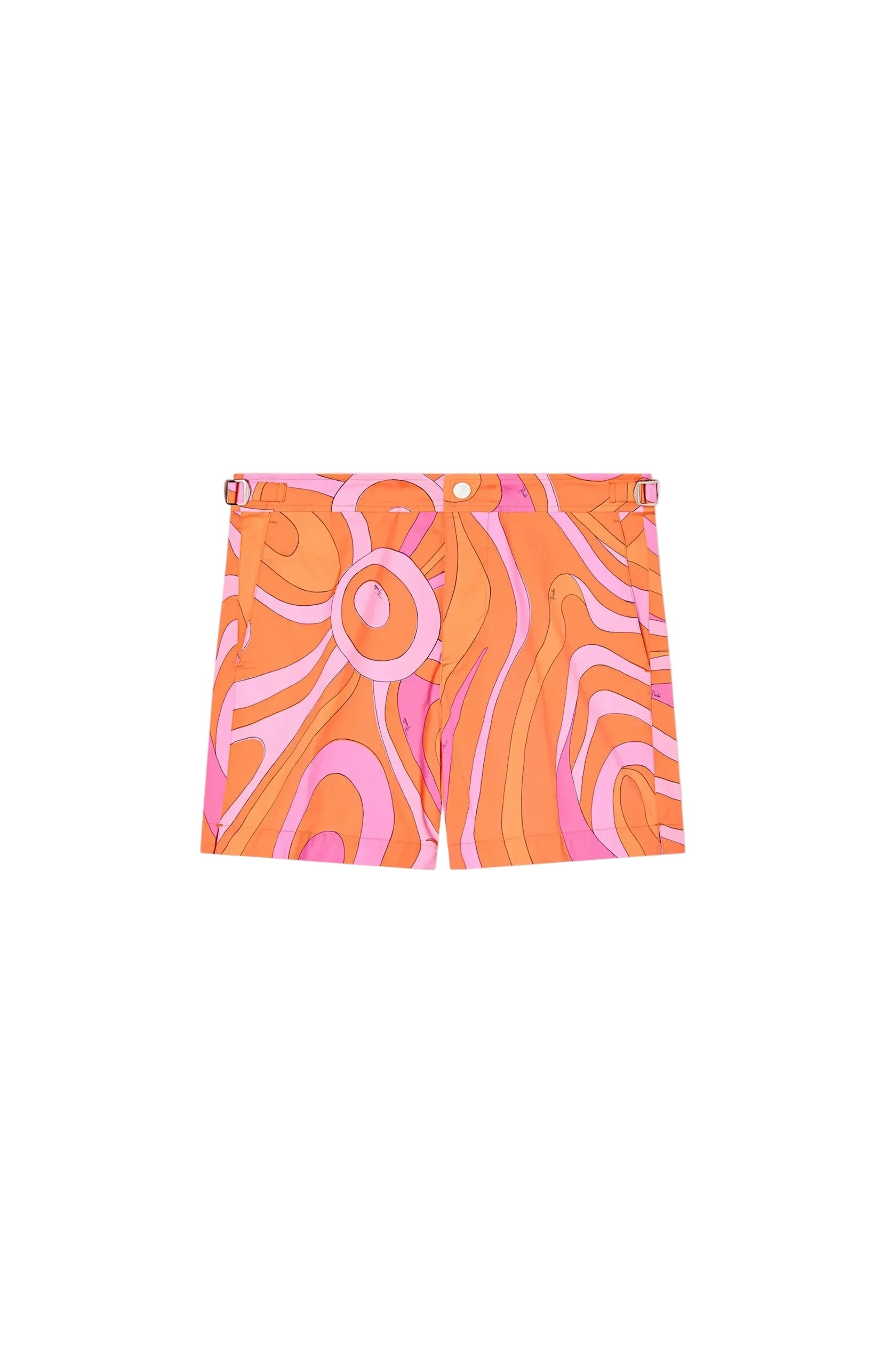 A pair of women's shorts featuring a vibrant retro wavy pattern in orange, pink, and white, displayed flat against a light beige background.