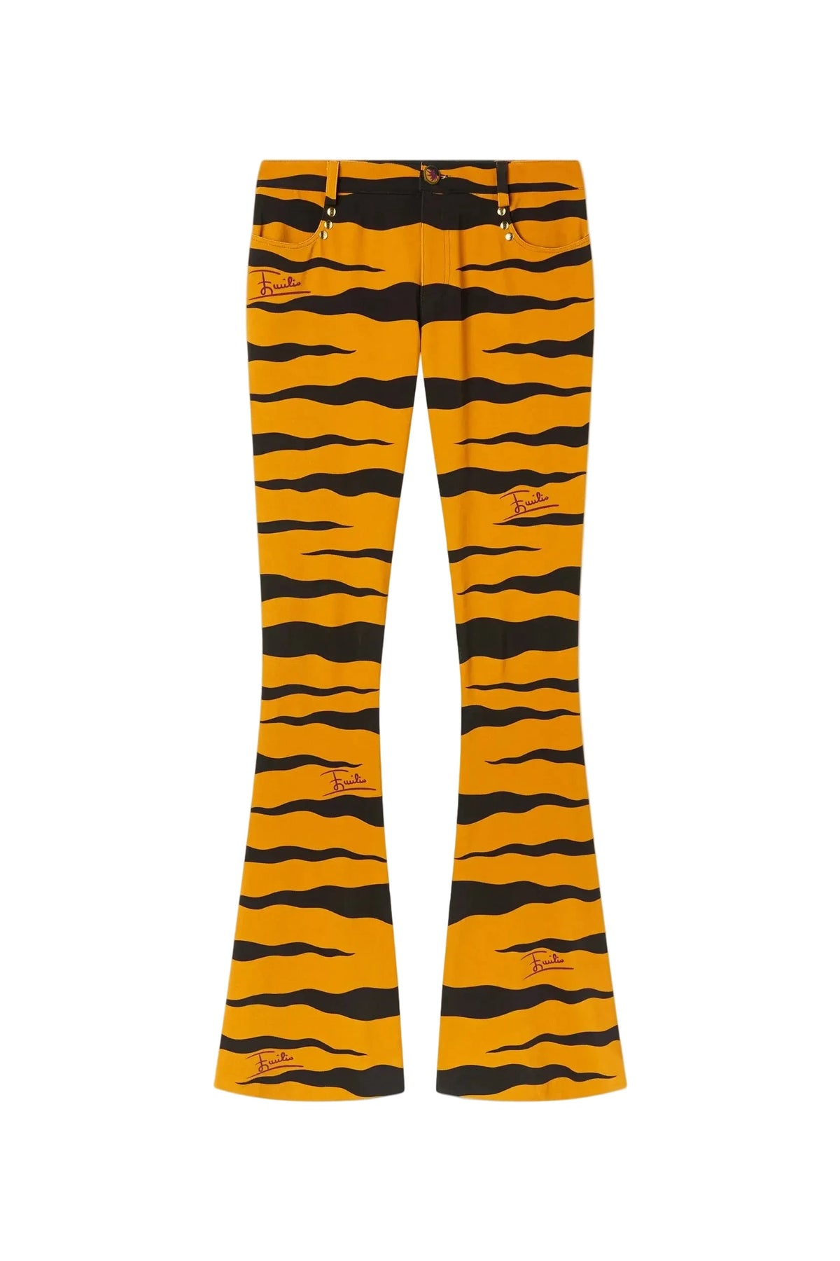 Yellow and black tiger-striped flare pants with small embroidered red and black logo patches, shown flat against a light beige background.