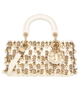 Dior Lady D-Joy Micro Bag Latte Satin Embroidered with White Resin Pearls and Gold-Tone Metallic Thread.