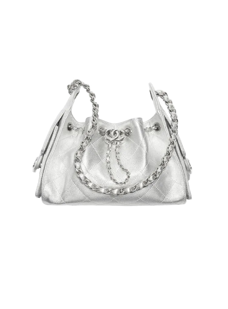 Silver handbag with chain details on a white background