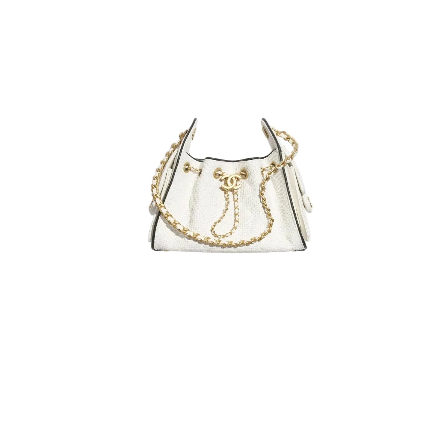 White handbag with gold chain detail on a white background
