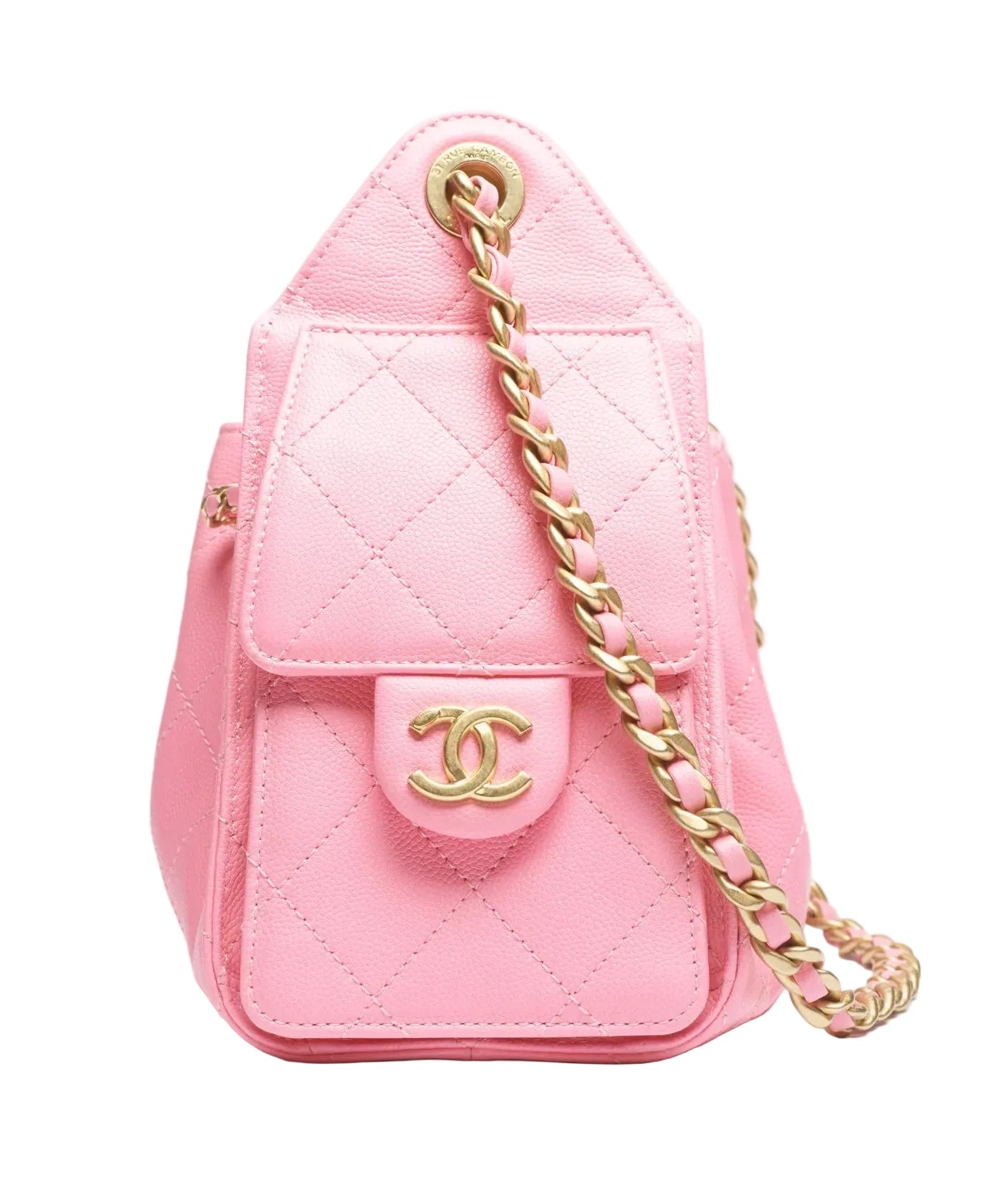 Pink quilted handbag with gold chain strap on a white background