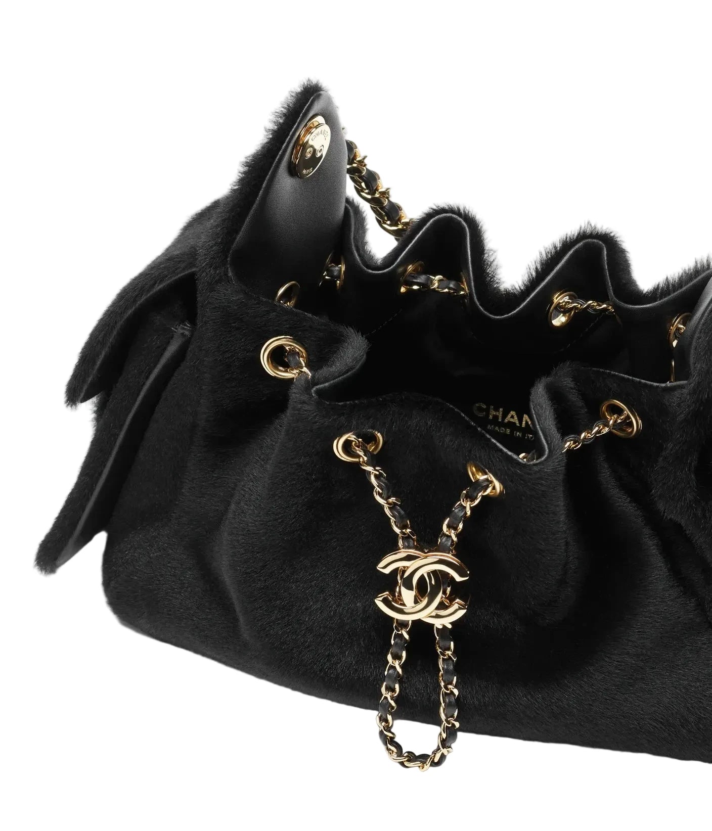 Black handbag with gold chain and CC logo on a white background