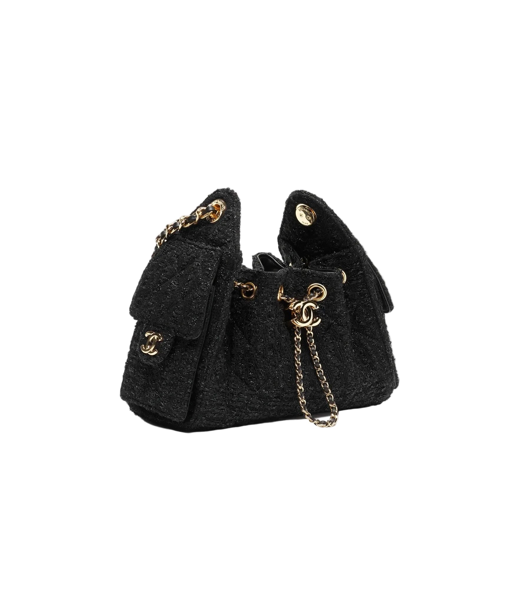 Black handbag with gold chain and hardware on a white background