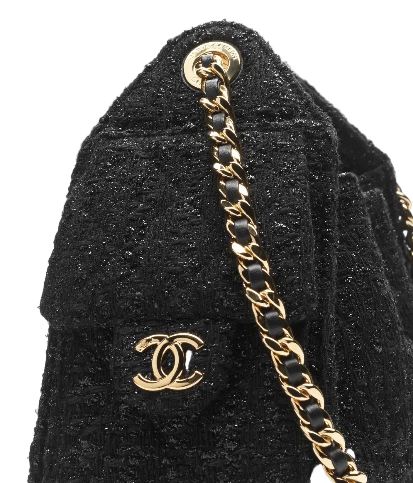 Black textured handbag with gold chain and logo on a white background