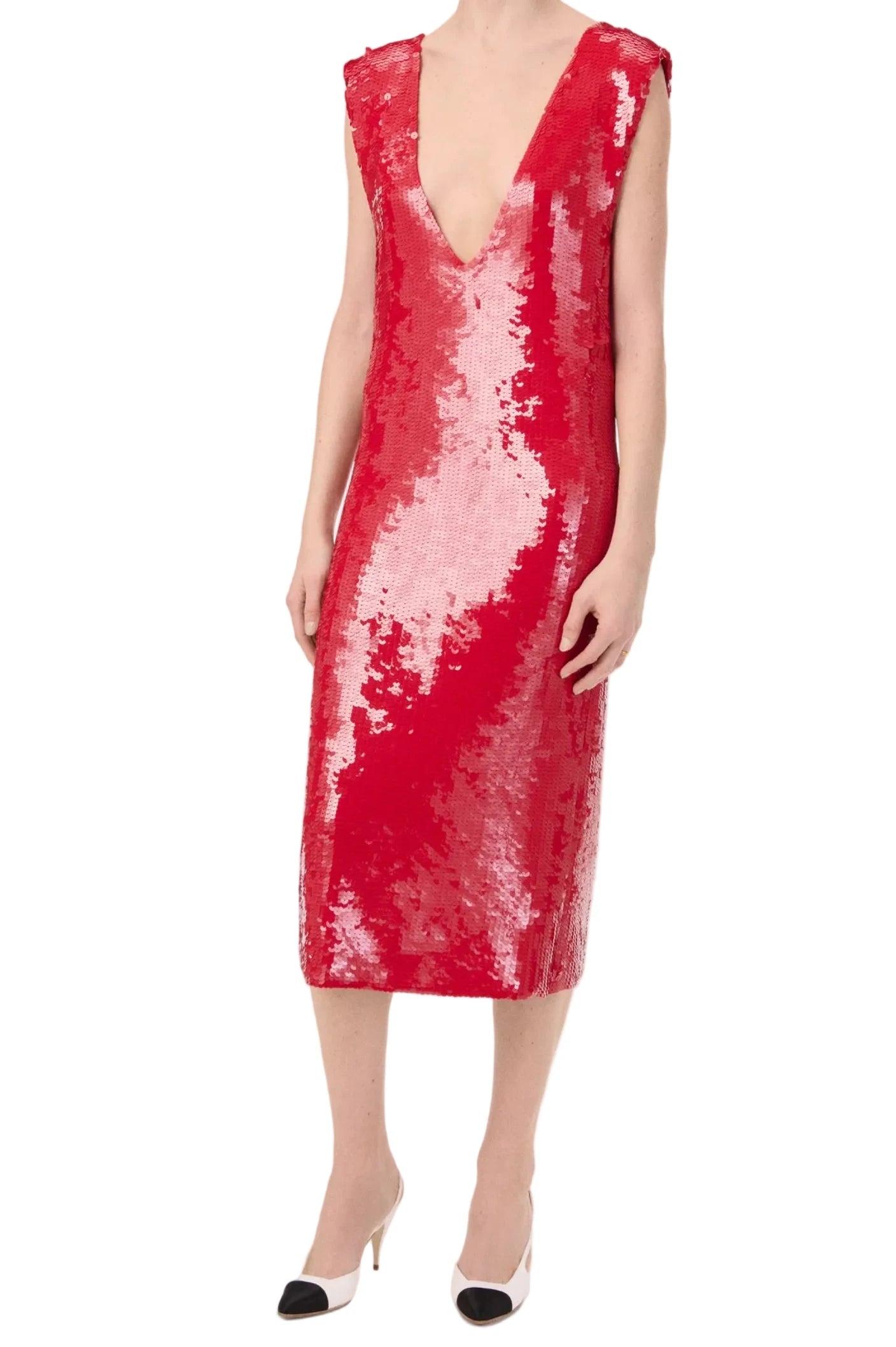Red sequin dress on a white background
