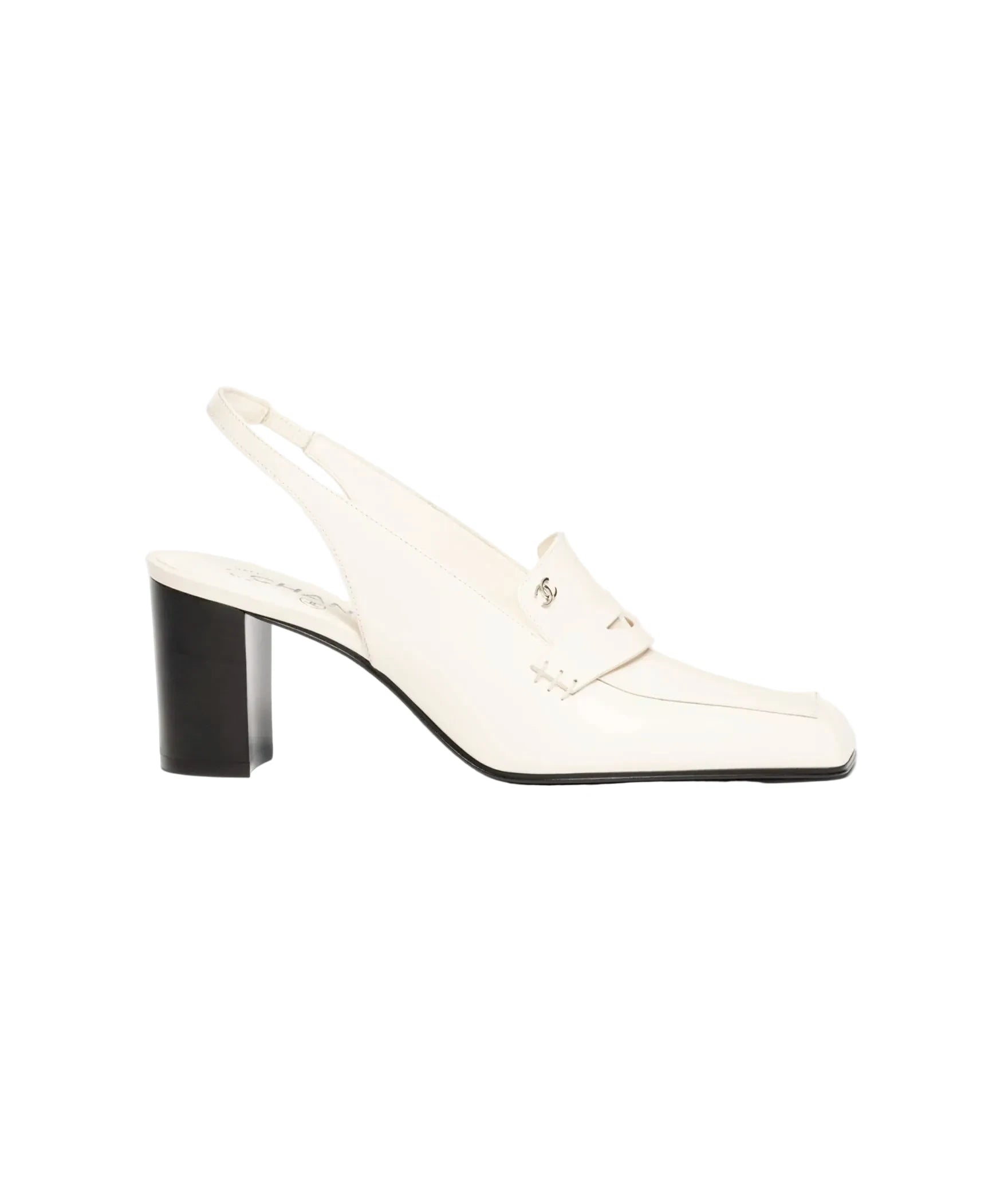A single off-white leather slingback mule shoe with a chunky black block heel and a small gold-tone logo detail on the strap, shown against a plain white background.