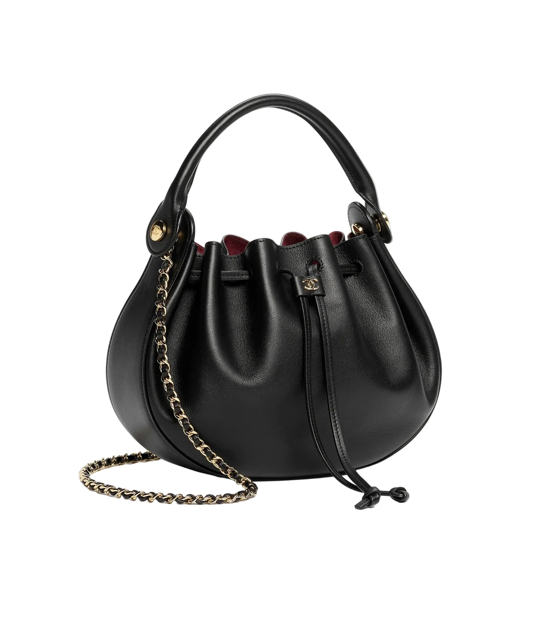 A black leather bucket bag with a top handle, a gold chain strap, and a drawstring closure, shown on a clean white background.