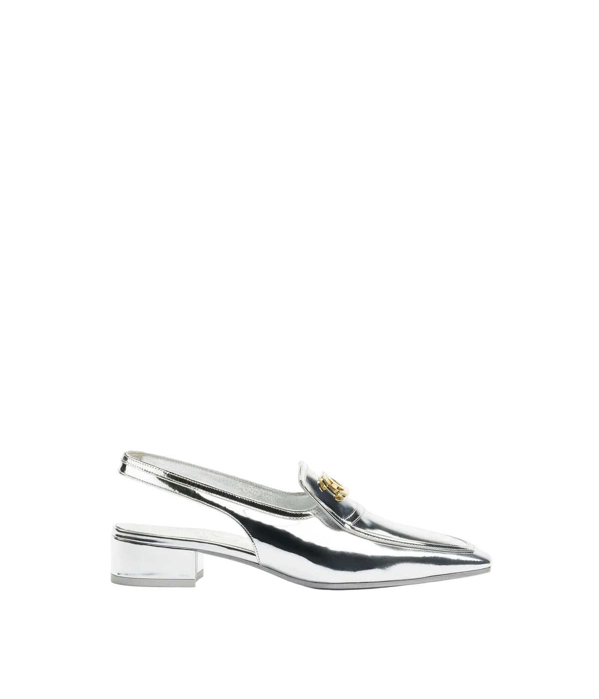 A single metallic silver slingback shoe with a pointed toe and a small gold logo detail on the strap, shown in profile against a plain white background.