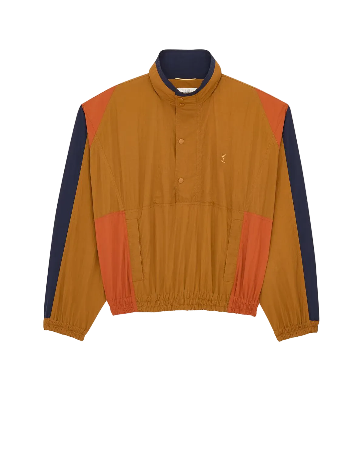 A color-blocked long-sleeve windbreaker jacket by Polo Ralph Lauren, featuring a mustard yellow body, rust-orange side panels, navy blue sleeve inserts, and a navy blue collar, displayed on a clean off-white background.