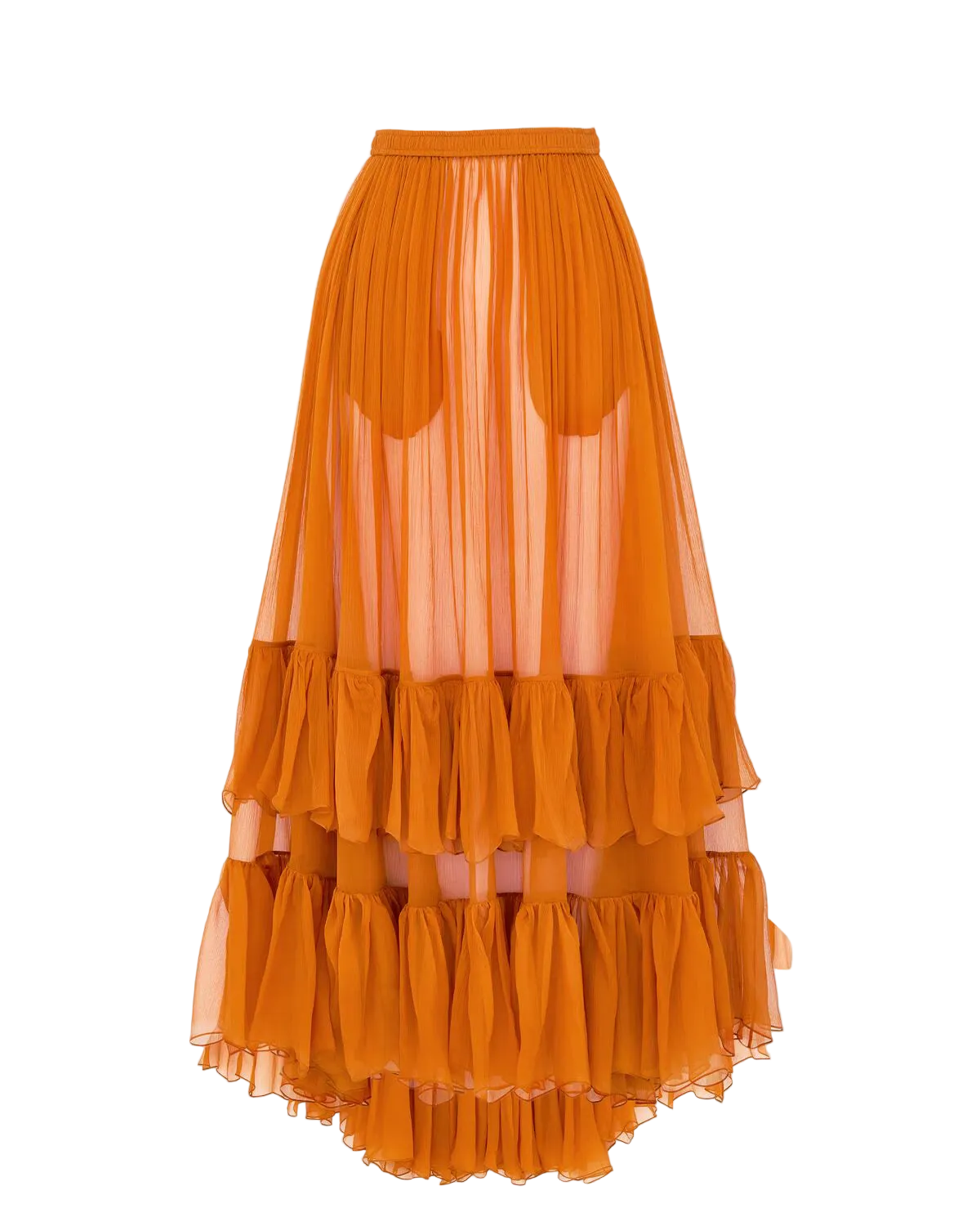 An orange tiered tulle midi skirt with pleated overlays and ruffled layers, shown against a plain white background.