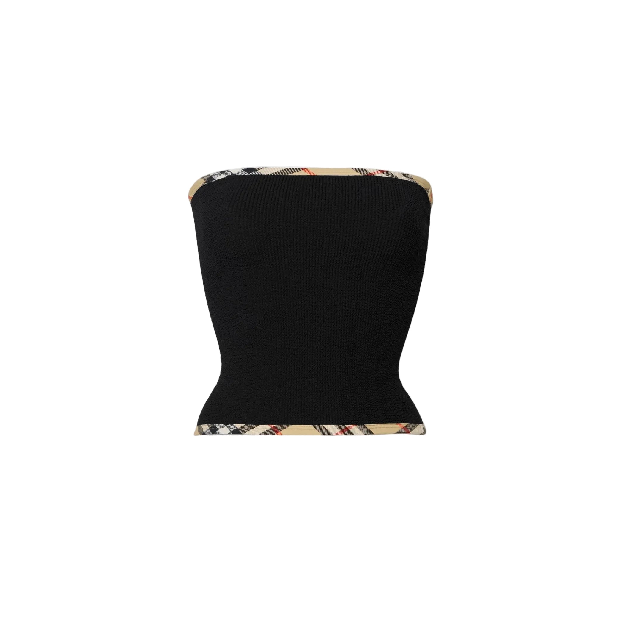 Black strapless top with checkered trim on a white background