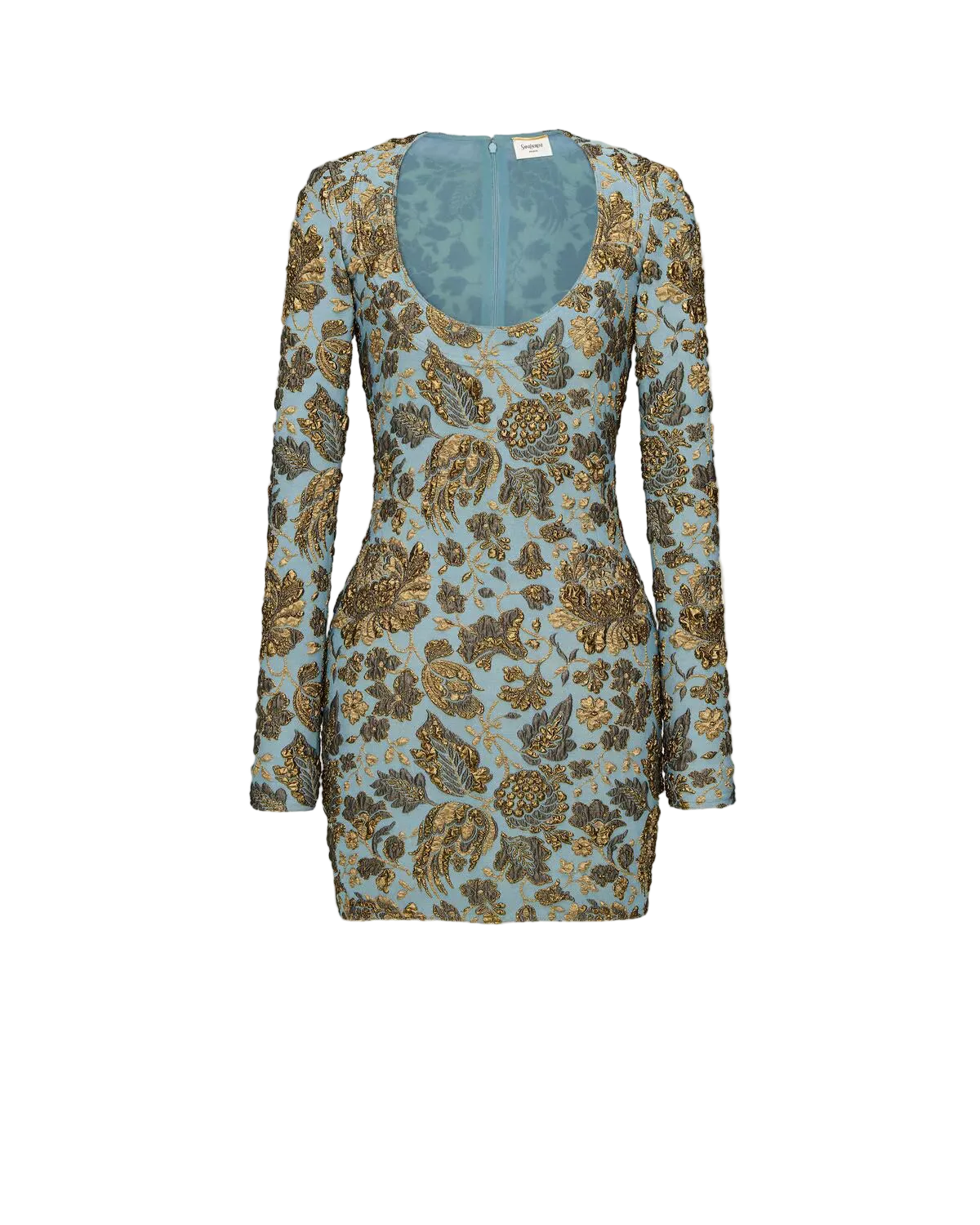 A long-sleeve mini dress with a scoop neckline, featuring an intricate gold and brown floral paisley pattern over a dusty blue base, shown against a plain light gray background.