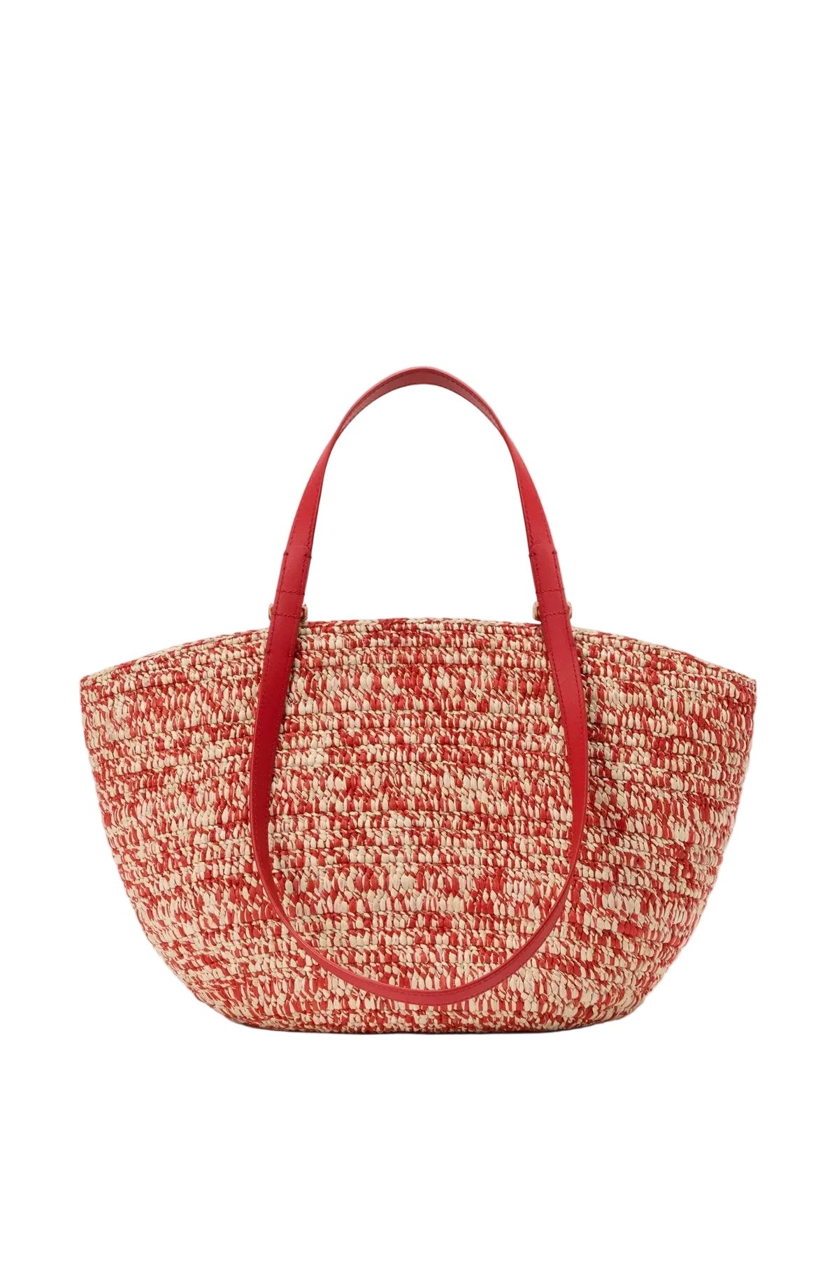Red and beige woven tote bag on a white background