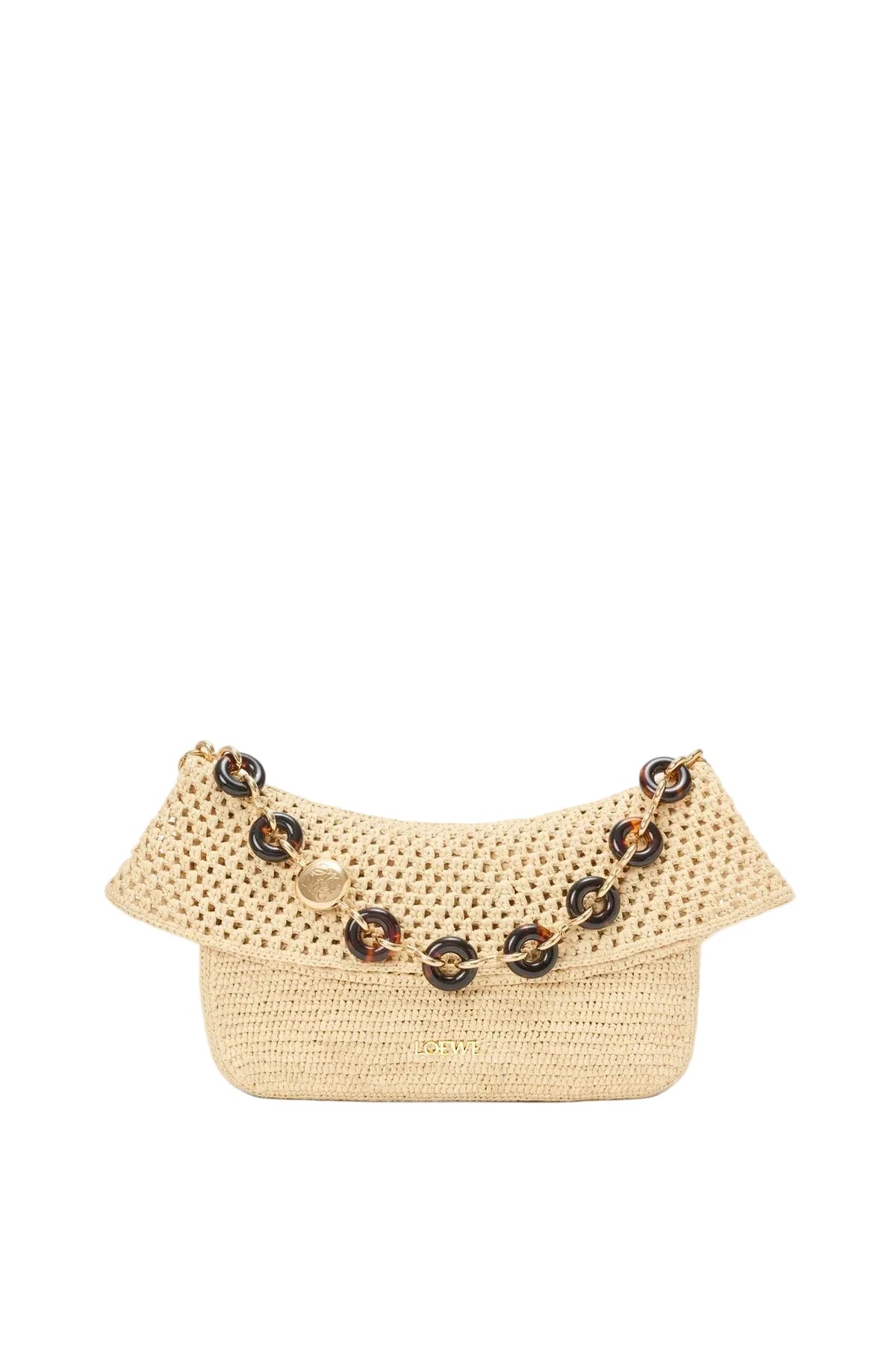 Woven handbag with decorative elements on a light gray background