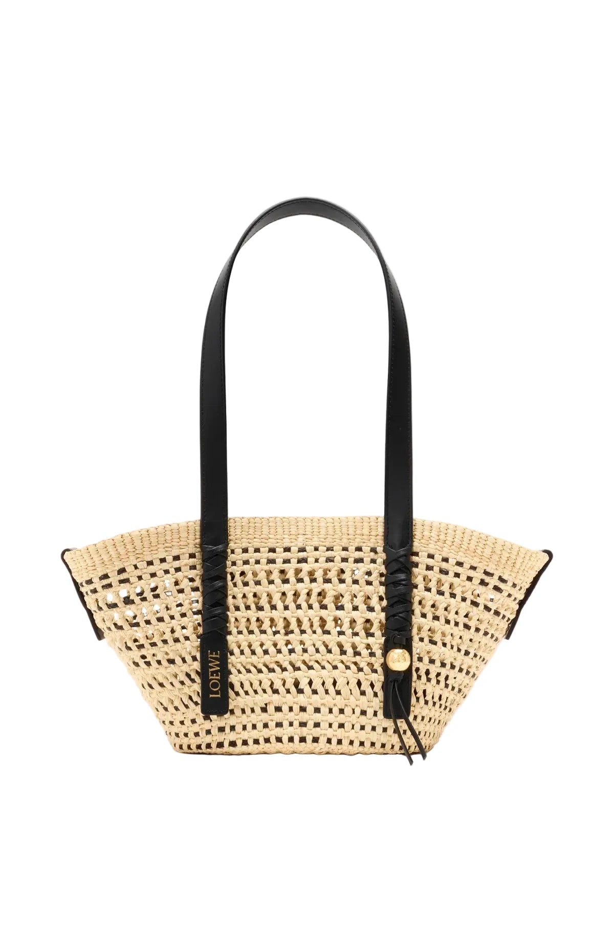 Woven handbag with black straps on a light gray background