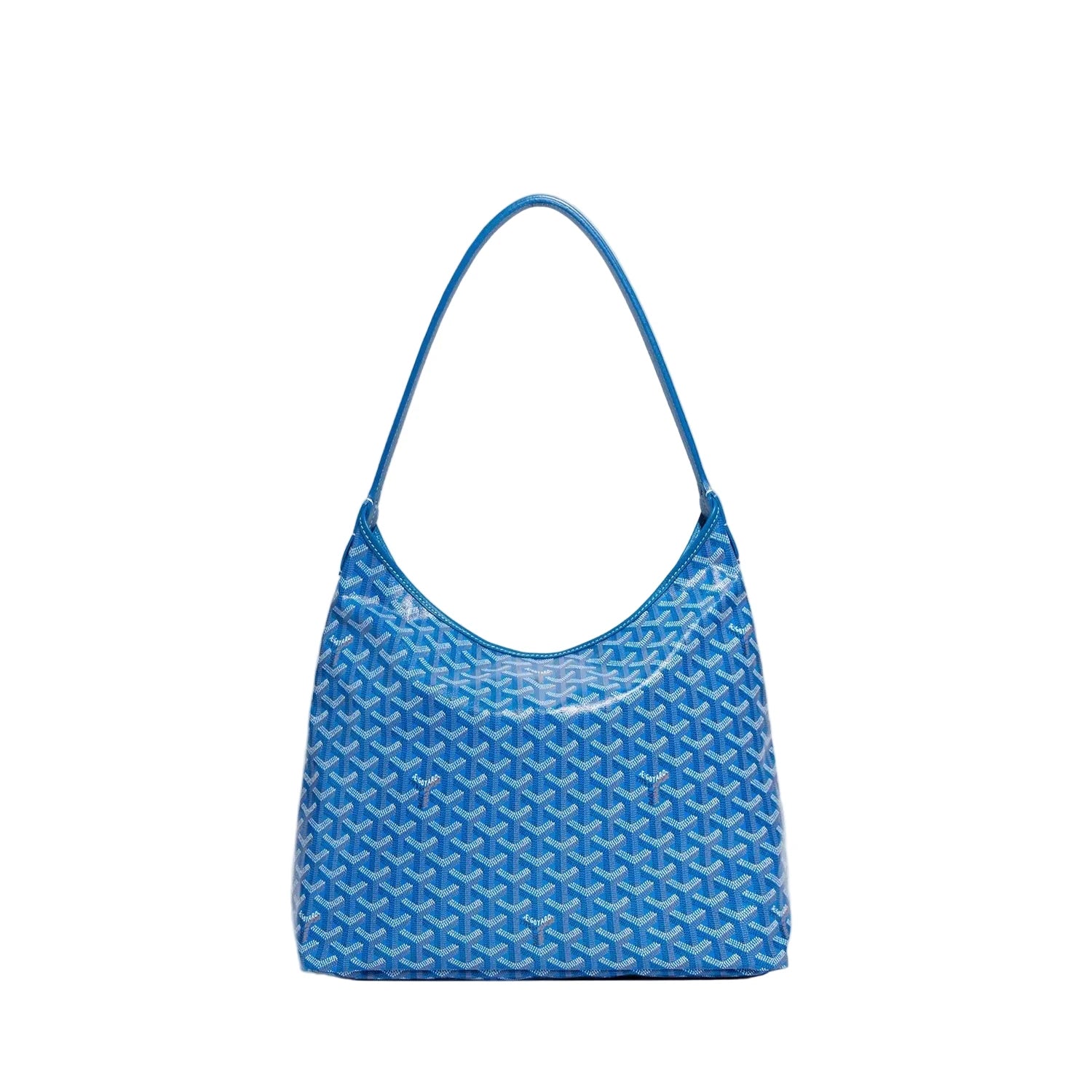 Blue patterned handbag on a light gray background
