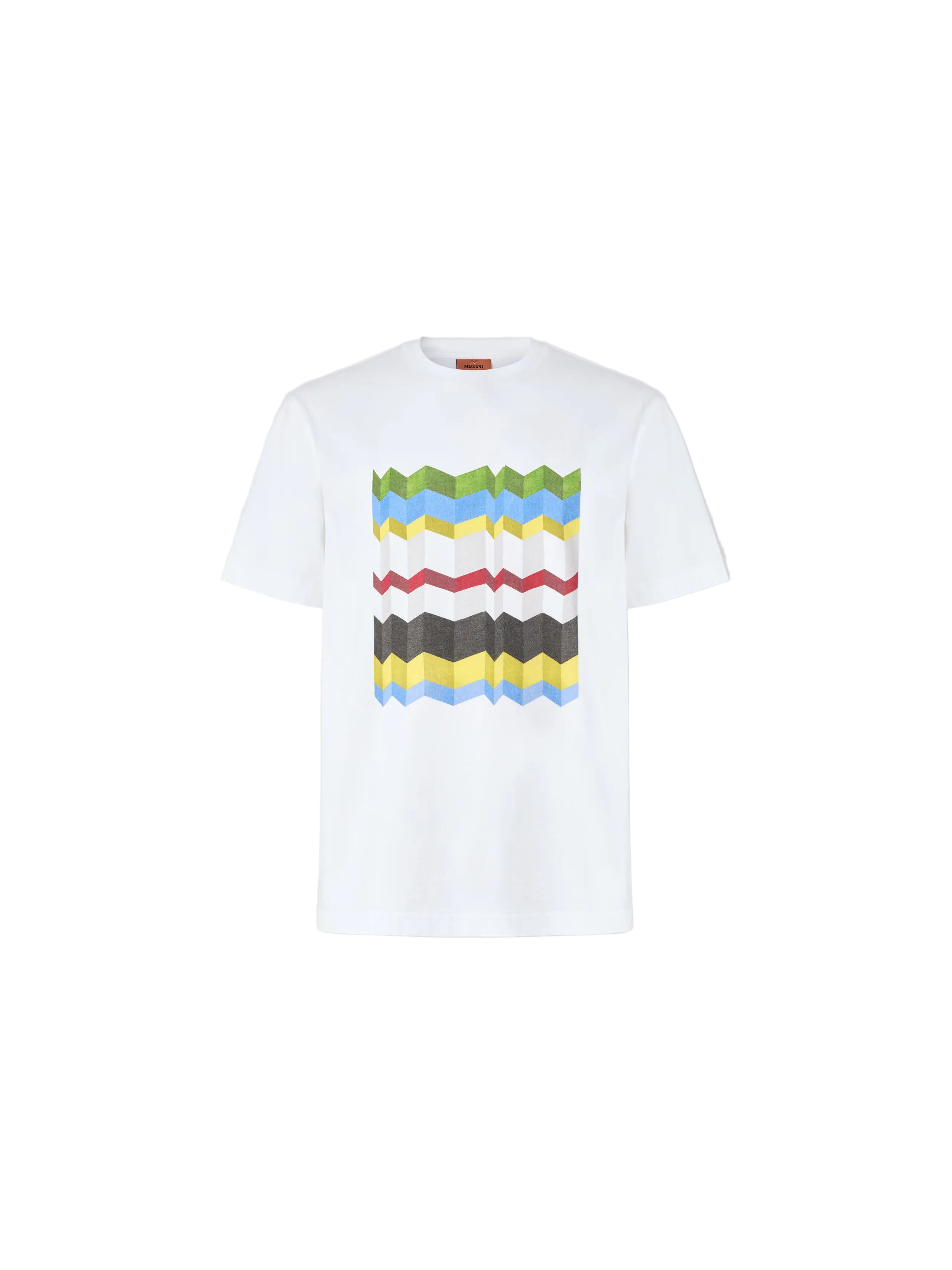 White t-shirt with colorful zigzag pattern on a light gray background