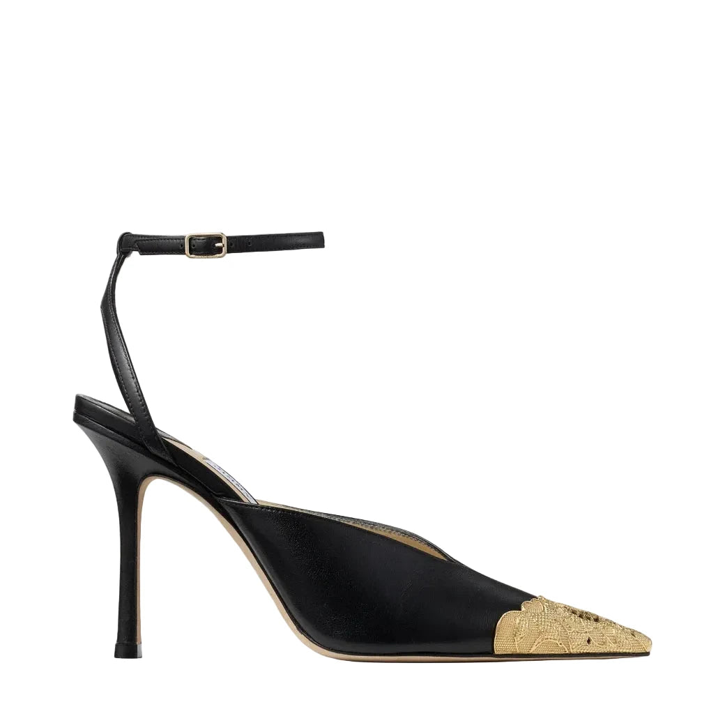 A single black leather high-heeled sandal with a pointed toe featuring a textured gold cap, a slim ankle strap with a gold buckle, and a stiletto heel, shown against a plain white background.