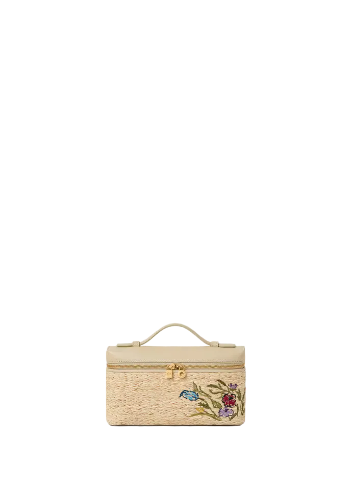 Beige jewelry box with floral embroidery on a white background