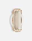 Dior Lady D-Joy Micro Bag Latte Satin Embroidered with White Resin Pearls and Gold-Tone Metallic Thread.