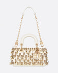 Dior Lady D-Joy Micro Bag Latte Satin Embroidered with White Resin Pearls and Gold-Tone Metallic Thread.