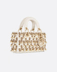 Dior Lady D-Joy Micro Bag Latte Satin Embroidered with White Resin Pearls and Gold-Tone Metallic Thread.