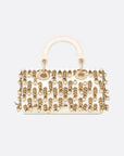 Dior Lady D-Joy Micro Bag Latte Satin Embroidered with White Resin Pearls and Gold-Tone Metallic Thread.