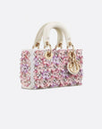 Dior Lady D-Joy Micro Bag White Calfskin with Pink Floral Embroidery and Strass.