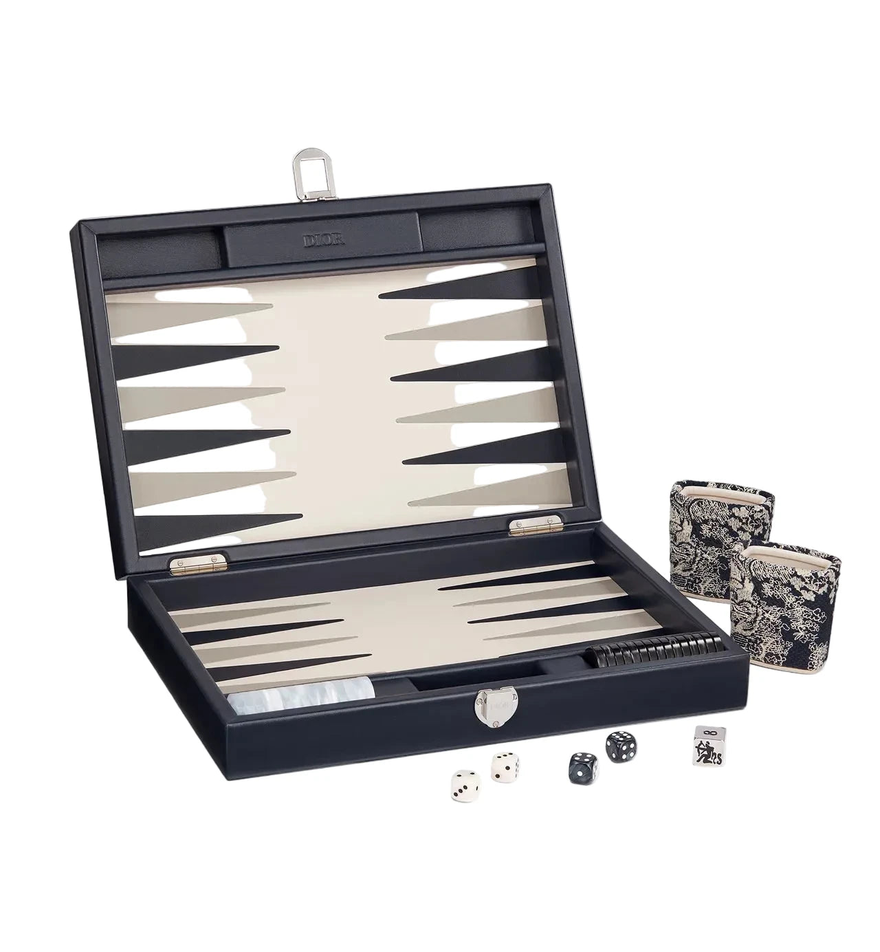 Backgammon set with pieces and dice on a white background