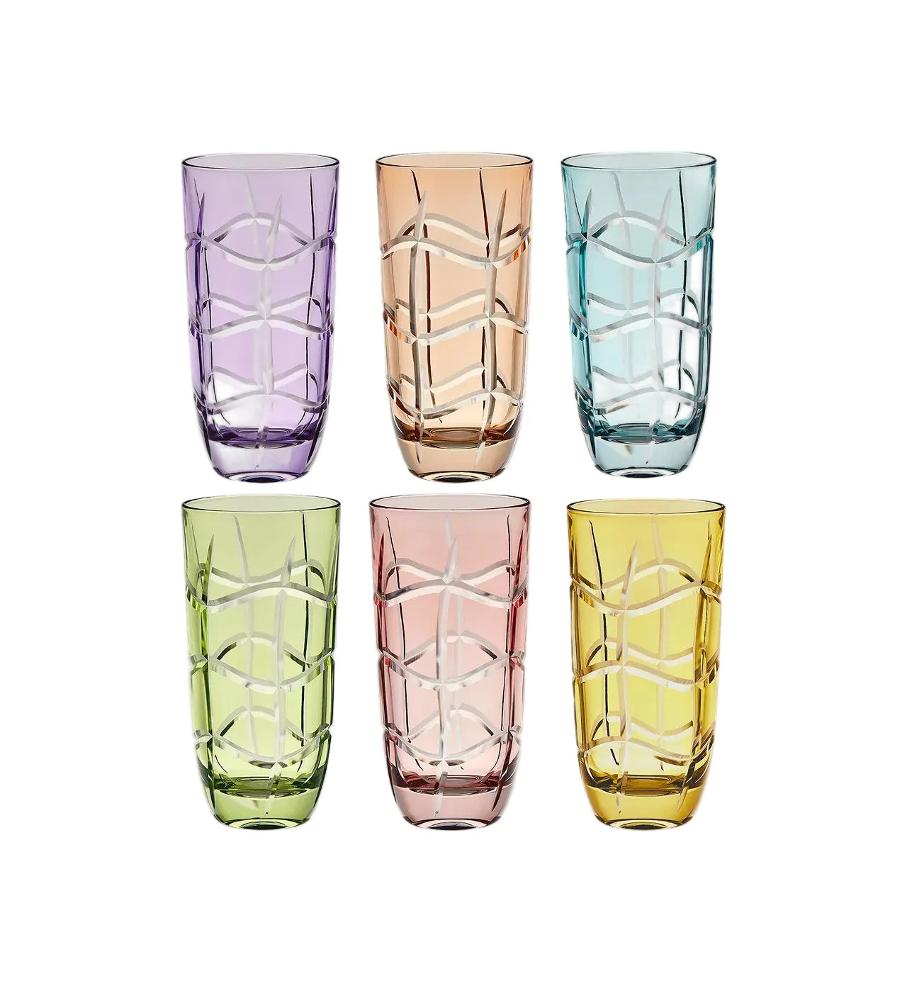 Set of six colorful glass tumblers with textured design on a white background