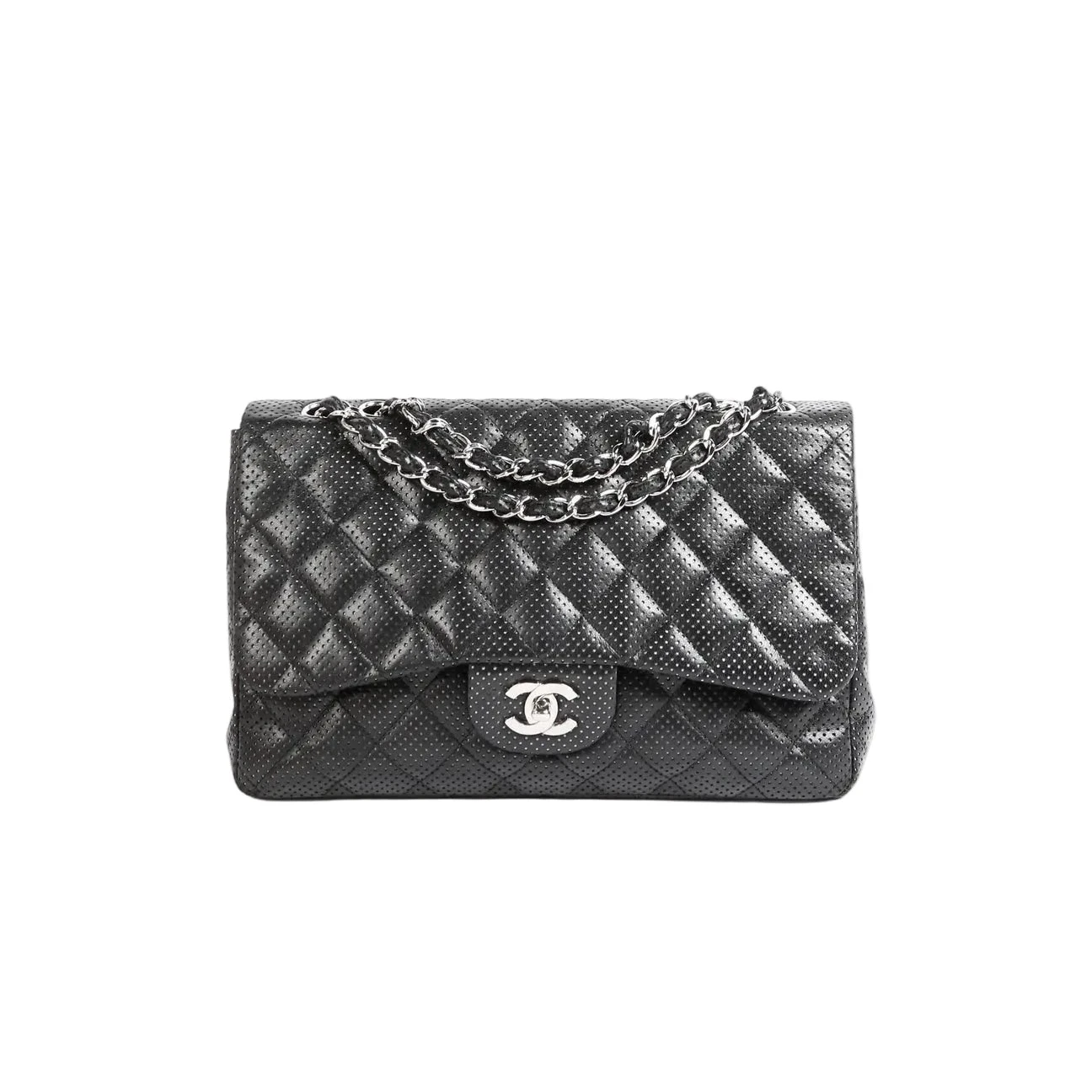 A black quilted Chanel flap bag with silver-tone chain strap and interlocking CC logo, photographed against a plain white background.