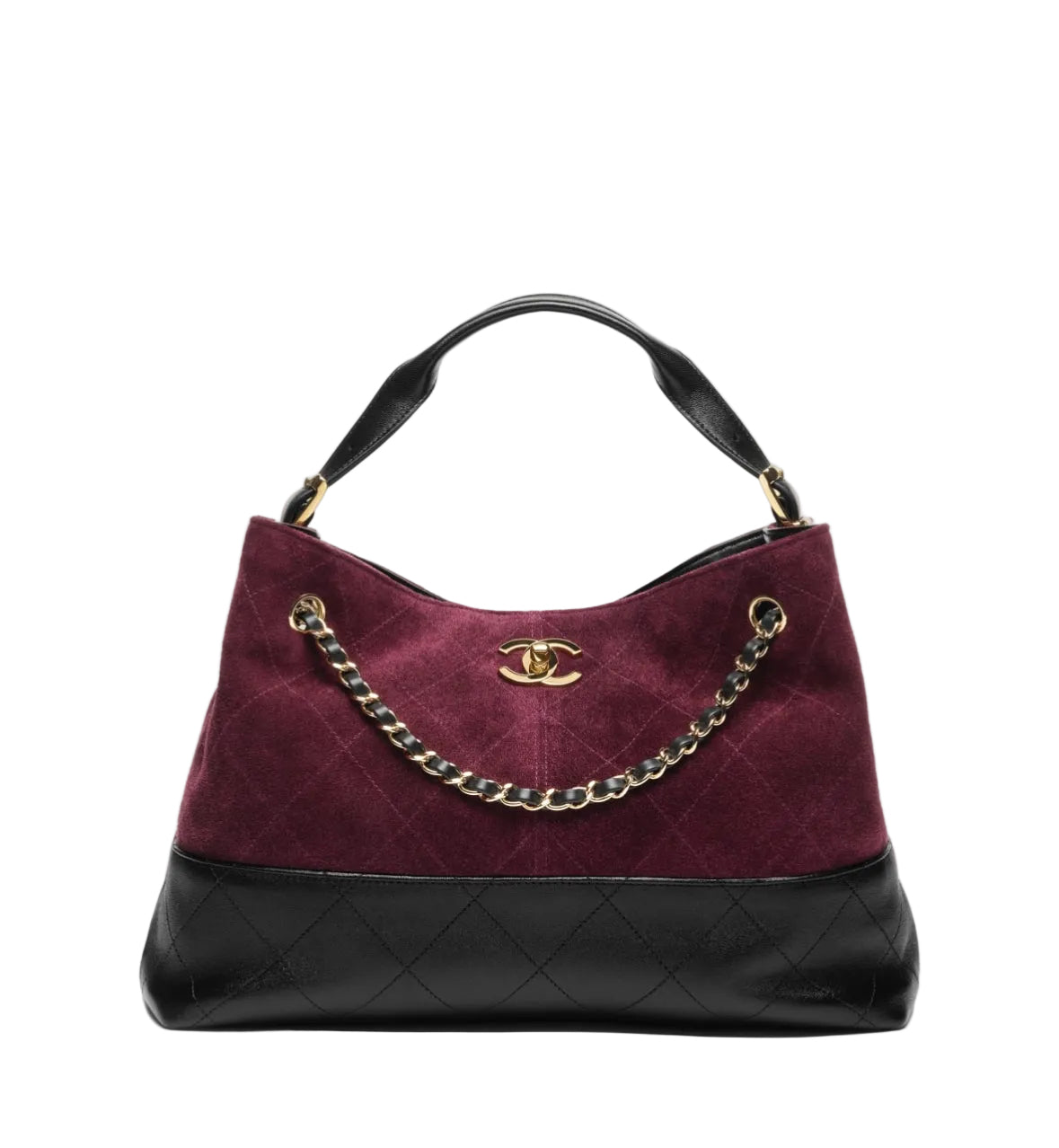 A Chanel hobo handbag in deep burgundy quilted suede and black quilted leather, featuring a gold-tone interlocking CC logo and a gold chain strap on a white background.