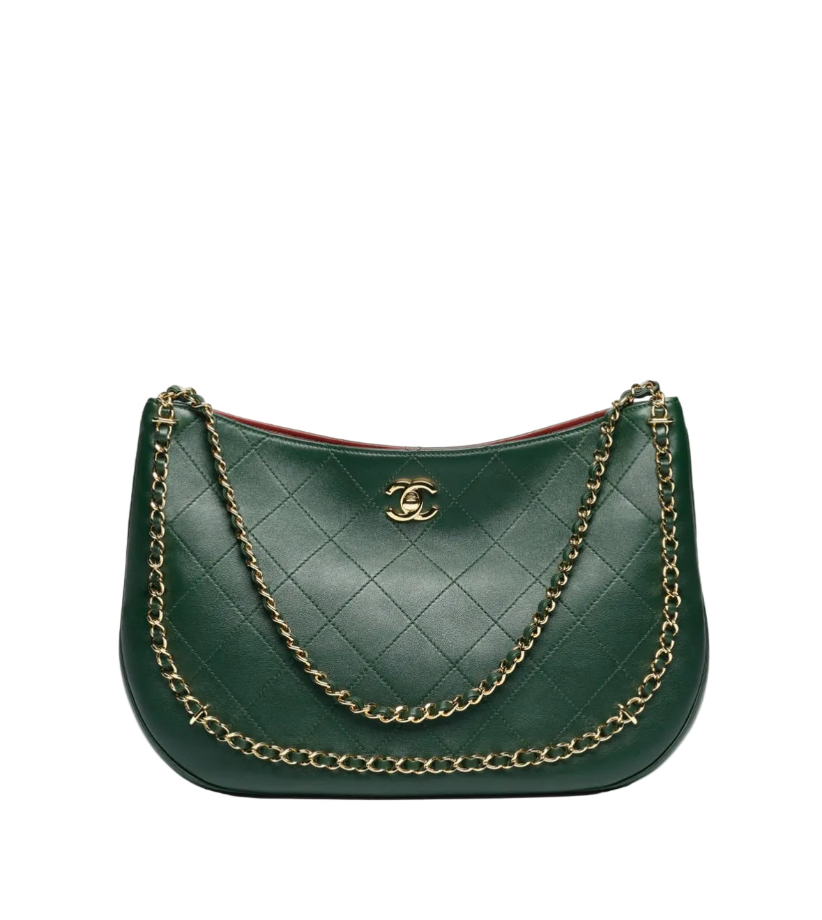 A dark green quilted leather shoulder bag with a gold-tone chain strap and a gold interlocking CC logo on the front, set against a plain white background.