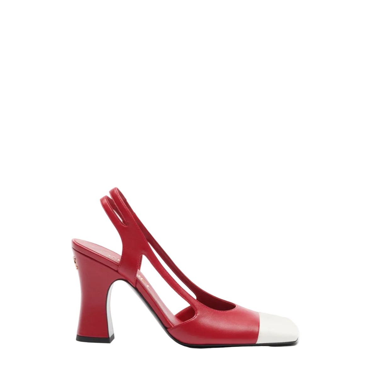 A red leather slingback high-heeled shoe with a white pointed toe cap, shown from a side profile on a clean white background.