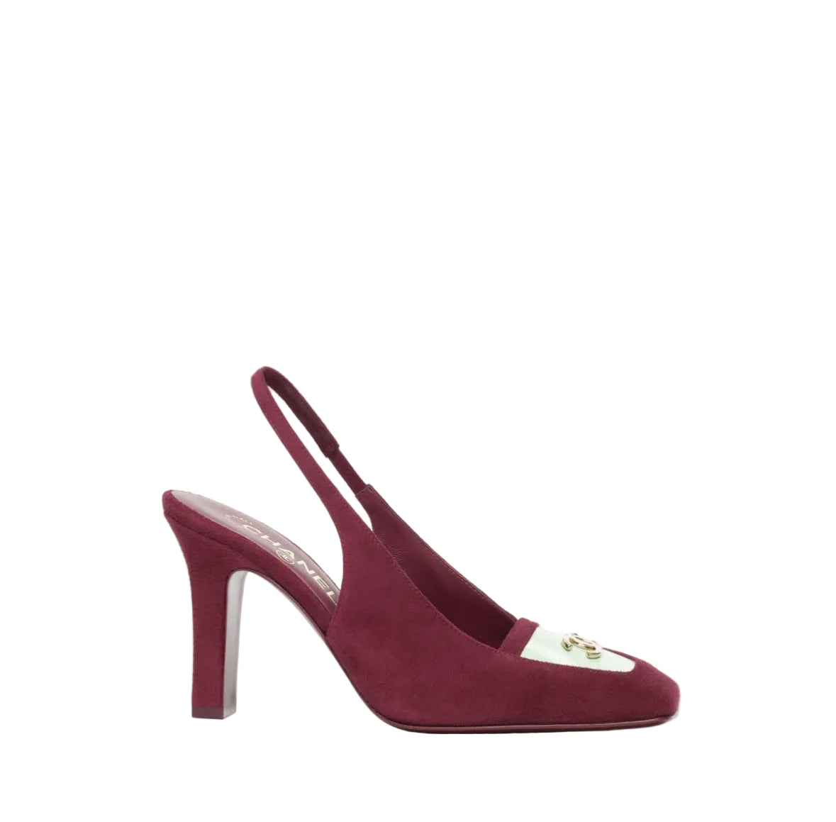 A single burgundy suede slingback high heel shoe with a pointed toe and a small gold-tone decorative accent on the vamp, shown against a plain white background.