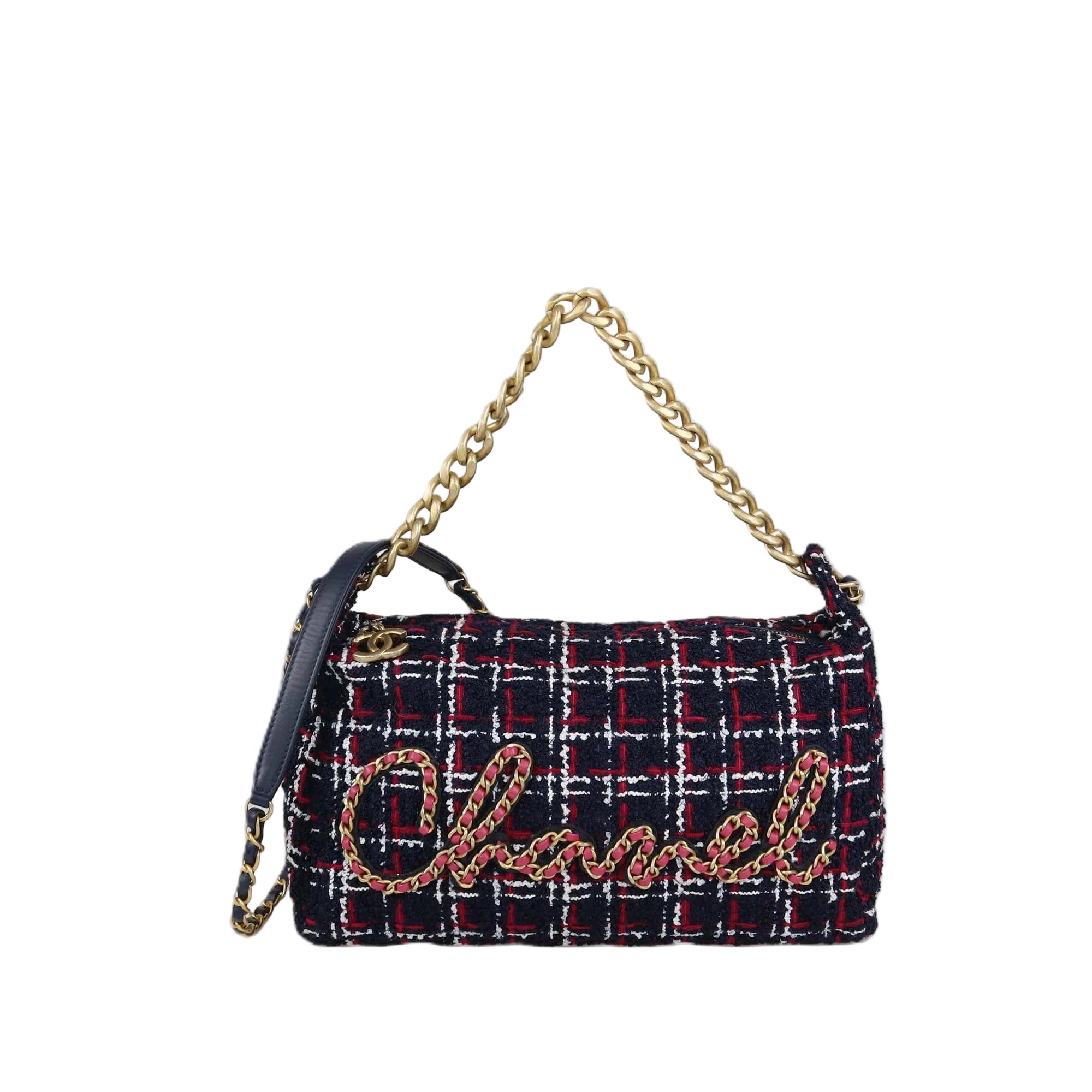 A Chanel shoulder bag in navy blue tweed with red and white plaid lines, featuring a gold chain strap and a large gold script 'Chanel' logo on the front, set against a solid light gray background.