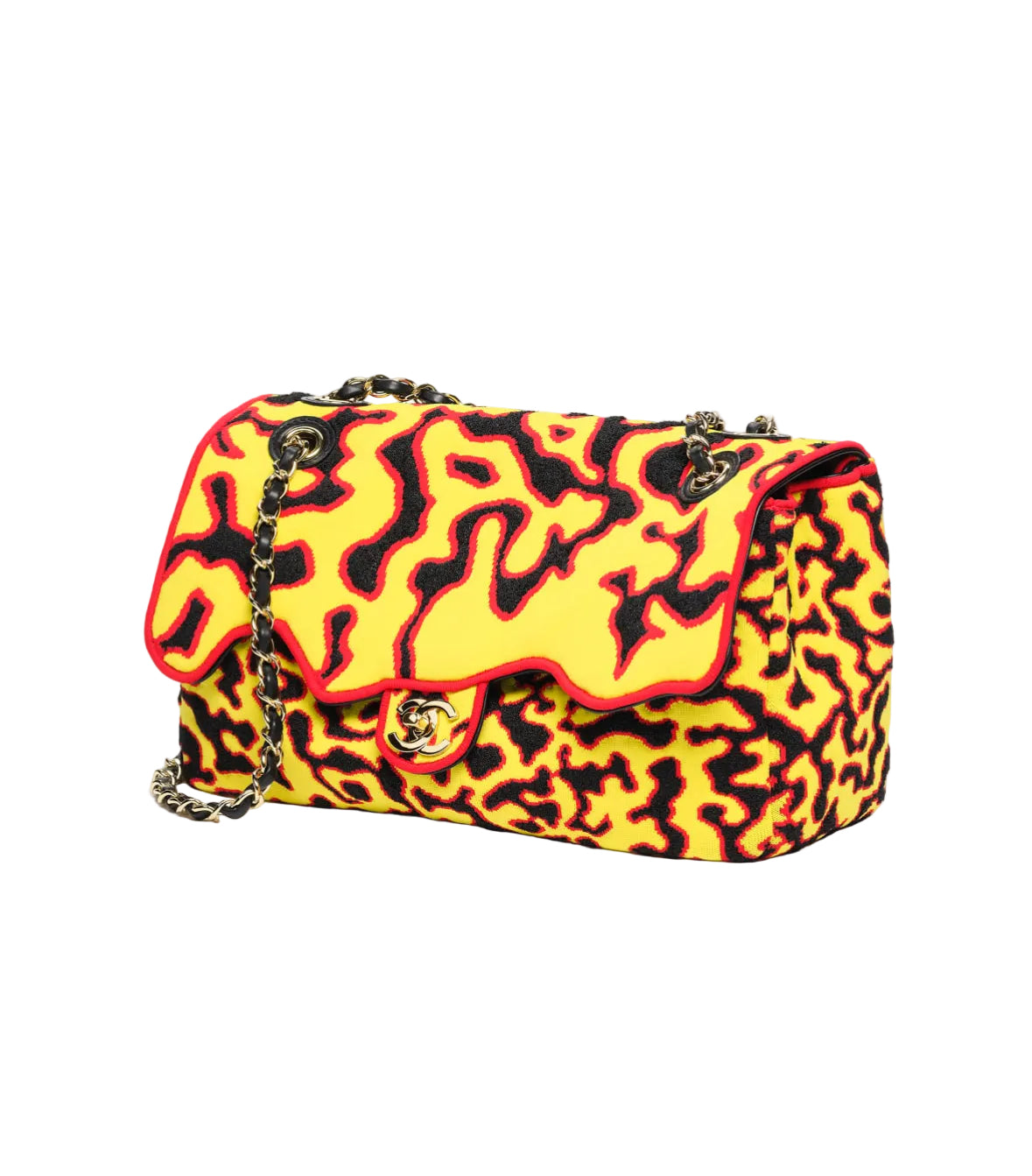 Flame-patterned handbag with a chain strap on a white background