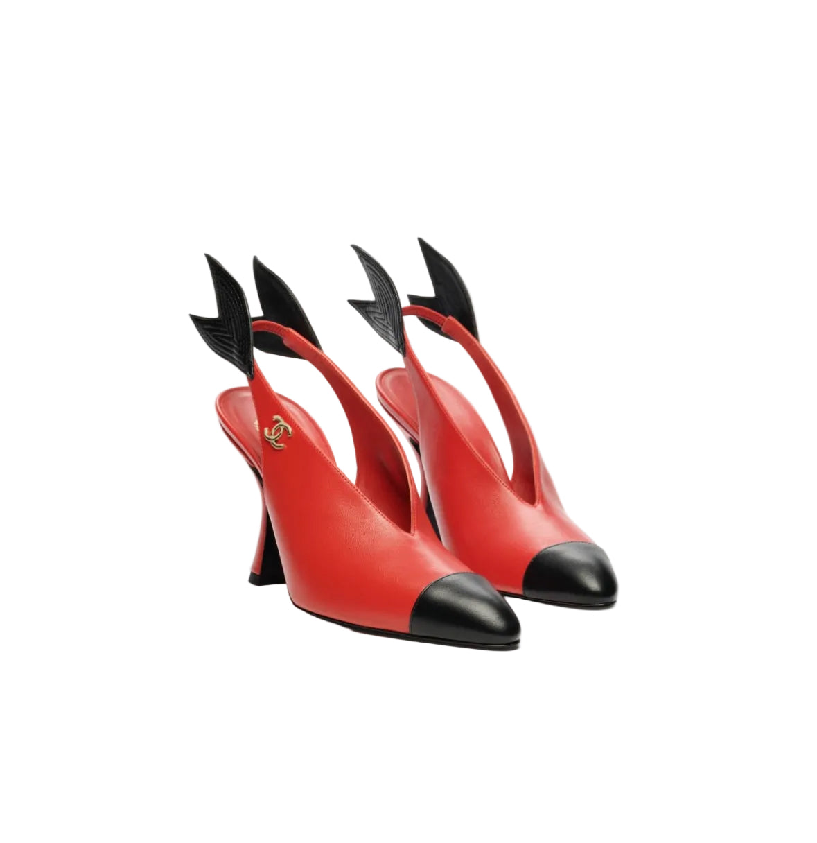 Red high-heeled shoes with black tips on a white background