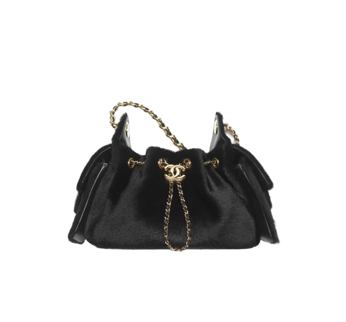 Black handbag with gold chain and Chanel logo on a white background