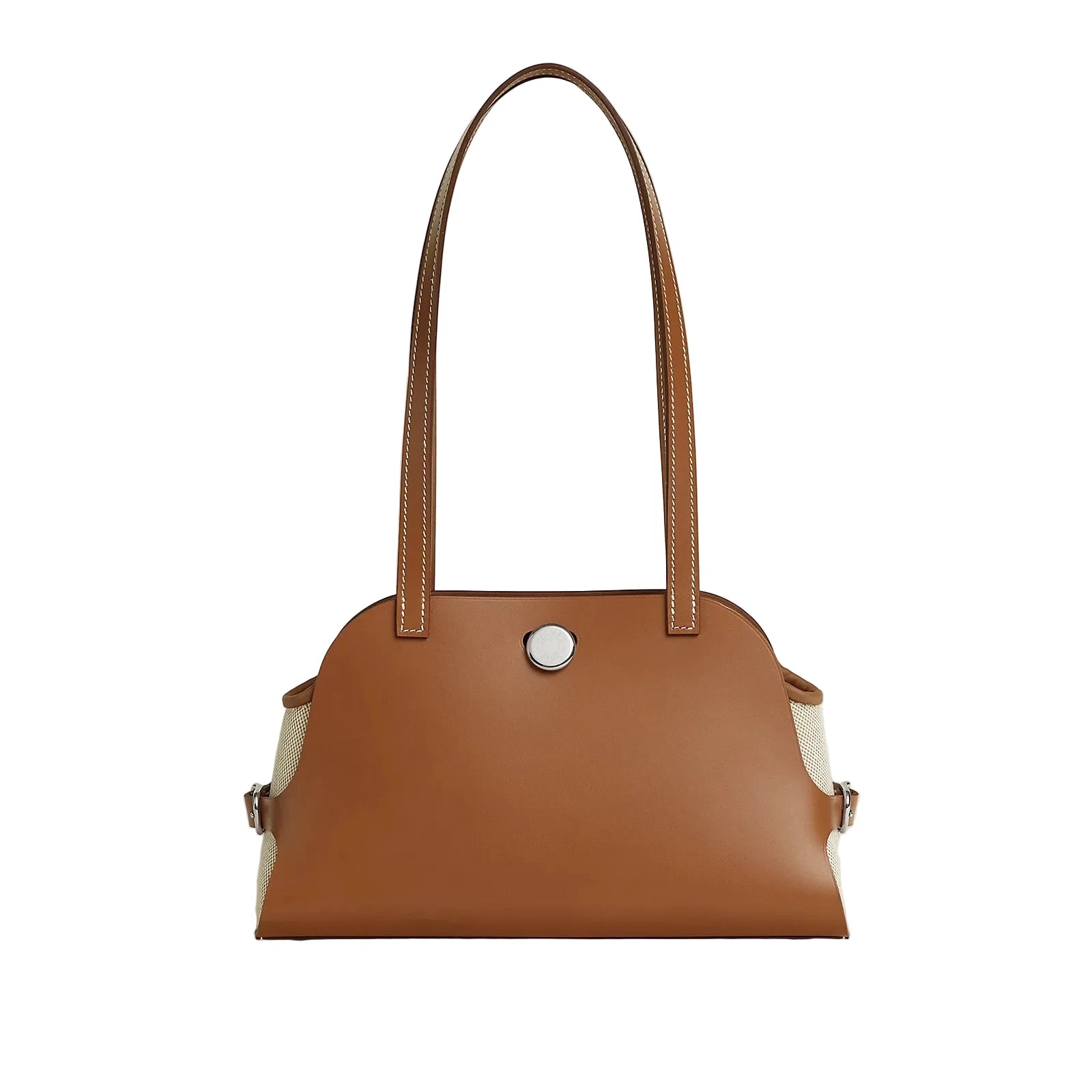 Brown handbag with a silver clasp on a light beige background